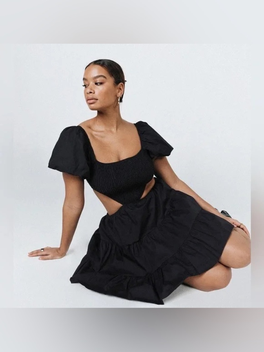 Princess Polly Black Smocked Puff Sleeve Cutout Mini Dress – Size US 4